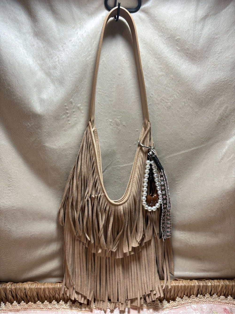 Madden NYC Beige Faux Suede Fringe Hobo Shoulder Bag Boho Western Festival Purse